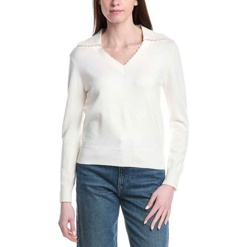 T Tahari Womens Pearl Beaded V-Neck Polo Top, White